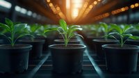 Young green seedlings growing in black pots on industrial greenhouse shelf with warm bokeh lights in background, sustainable agriculture concept.