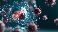 Microscopic view of virus particles attacking cell with digital network overlay, illustrating immune response and pathogen interaction in medical science research.