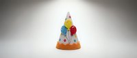 Colorful party hat with yellow, blue and red balloons on white background, suitable for birthday celebrations, festive events and holiday party design projects.
