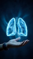 Glowing blue lungs floating above open palm representing respiratory health, medical care, pulmonology and breathing wellness concepts for healthcare design.