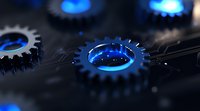 Glowing blue mechanical gears in motion against dark background, creating futuristic industrial machinery concept with dramatic lighting and depth of field.