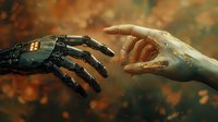 Robotic and human hands reaching towards each other against blurred autumn background, symbolizing connection between artificial intelligence and humanity.