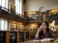 Young woman with dark hair and South Asian ethnicity, wearing a burgundy striped shirt, studying thoughtfully at a wooden desk in a grand library with floor-to-ceiling bookshelves, warm lighting, and a table lamp.