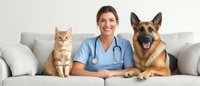 Female veterinarian in blue scrubs sitting on white couch between ginger cat and German Shepherd dog, showing happy professional care for pets in veterinary medicine.