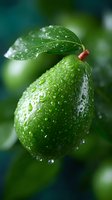 Fresh ripe avocado with water drops on green skin and leaf, macro shot on blurred natural background. Suitable for healthy eating and organic food concepts.