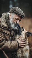Elderly man with gray beard wearing flat cap embracing German Shepherd dog in tender moment showing unconditional love and companionship between human and pet.