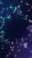 Abstract digital network with glowing connected nodes and particles on dark blue background, representing data flow, technology, and global communication systems for tech and business applications.