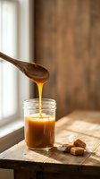Golden caramel sauce dripping from wooden spoon into glass jar on rustic table with soft natural lighting for culinary and dessert recipes.