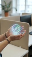 Futuristic holographic compass floating above open palm in modern office workspace showcasing digital navigation technology and innovation concepts.