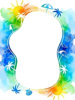 Watercolor summer frame with tropical elements, sun, palm trees, umbrellas and seashells on white background for vacation designs and beach themed projects.