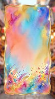 Vibrant watercolor gradient with neon gold border and colorful splashes, isolated on transparent background for design projects.