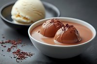 Creamy chocolate ice cream scoops in white ceramic bowl with chocolate sprinkles, vanilla scoop in background on dark surface.