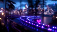 Glowing purple heart-shaped lights create romantic bokeh effect along curved railing at dusk, with palm trees silhouettes and city lights in background.