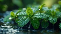 Fresh mint leaves with water drops in morning sunlight, macro shot showing detailed texture of wet green herbs growing in garden, natural organic food background.
