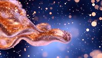 Magical copper and rose gold glitter wave flows through dark blue space background with sparkling bokeh lights and stardust particles floating.