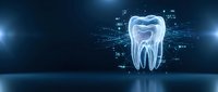 Digital tooth hologram with glowing network connections on dark blue background for dental technology and healthcare innovation concepts.