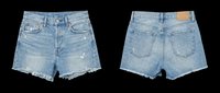 Vintage light blue denim shorts with distressed details, frayed edges, and raw hem. Isolated on transparent background, ready for t-shirt design, clipart, print-on-demand, sublimation, and sticker applications.