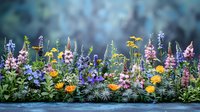 Colorful wildflowers in meadow with pink lupines, blue delphiniums and yellow marigolds against dark blurred background creating magical garden atmosphere.
