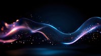 Glowing neon wave with particle effects and light trails flowing across dark background, suitable for tech, music, and digital design projects.