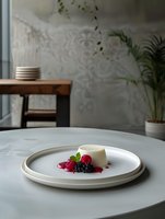 Elegant panna cotta dessert with fresh raspberries and blackberries on white ceramic plate, minimalist restaurant setting with natural light and soft background.