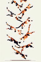 Abstract geometric shapes in orange and black forming dynamic flying birds against cream background, creating modern minimalist wall art composition.