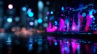 Futuristic cityscape with neon pink and blue lights reflecting on water surface, creating dreamy urban nightscape with glowing bokeh effects and illuminated skyscrapers.