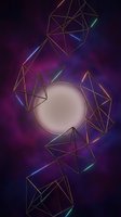 Glowing neon geometric wireframe shapes float around a luminous sphere on a dark purple cosmic background, perfect for futuristic design.