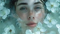 Young woman with freckles and natural makeup surrounded by white spring blossoms in dreamy turquoise water. Ethereal beauty and skincare concept.