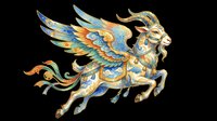 Ornate winged goat with blue and gold decorative patterns, isolated on transparent background. Ready for t-shirt design, clipart, stickers, sublimation, and print-on-demand projects.