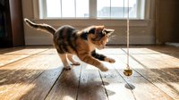 Playful tabby and white kitten pouncing on dangling toy in sunny room with wooden floor and windows, capturing curious feline behavior and indoor pet entertainment.