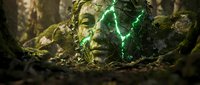 Ancient stone face sculpture covered in moss with glowing green magical energy cracks emerging from forest ground among twisted roots and vines.
