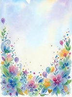 Watercolor floral frame with colorful flowers, leaves, balloons and stars creating decorative border on soft pastel background for celebrations and events.