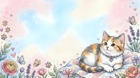 Adorable calico kitten sitting among spring flowers, butterflies and lavender in watercolor style. Cute pet illustration for nursery decor and greeting cards.