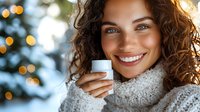 Young woman with curly hair and bright smile holding coffee cup outdoors in winter. Cozy knit sweater, bokeh lights and snowy background create warm holiday atmosphere.
