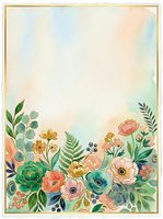 Watercolor floral border card with pastel blooms, green leaves, and soft gradient background, perfect for wedding invitations and greeting cards.