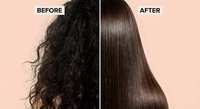 Hair transformation showing frizzy curly hair before and sleek straight shiny hair after professional treatment or styling on pink background.