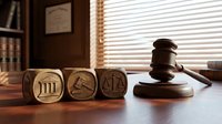 Wooden gavel and legal symbol blocks on desk in law office with books and window blinds creating professional attorney workspace atmosphere.