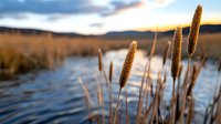 Cattails silhouetted against calm lake water at sunset, golden hour light illuminating marsh grasses and creating peaceful natural landscape scene.
