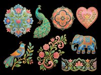 Ornamental folk art design elements featuring peacock, elephant, floral motifs and decorative patterns. Isolated on transparent background, ready for t-shirt design, clipart, stickers, sublimation and print-on-demand projects.