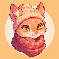 Cute orange cat wearing winter knit beanie and cozy scarf, cartoon style illustration with warm color palette on circular background.