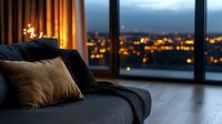 Cozy evening apartment interior with panoramic window view of city lights, comfortable sofa with pillows, warm ambient lighting creates relaxing atmosphere.