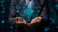 Businessman hands holding glowing digital artificial intelligence hologram with network icons, perfect for technology and AI business concepts and presentations.