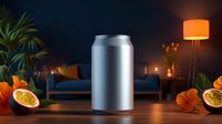 Blank aluminum can mockup on wooden table with orange slices and hibiscus flowers against cozy dark living room background.