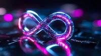 Glowing infinity symbol with pink and blue neon lights on dark reflective surface with bokeh effects in background, modern futuristic design concept.