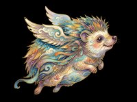 Ornate winged hedgehog with decorative feathers and swirling patterns in gold, blue, and orange tones. Isolated on transparent background, ready for t-shirts, stickers, clipart, and print-on-demand designs.
