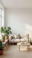 Bright minimalist living room with beige sofa, wooden coffee table, potted plants by window, and natural sunlight creating calm, scandinavian-inspired interior design space.
