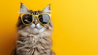Fluffy long-haired cat wearing yellow sunglasses against vibrant yellow background. Funny pet portrait showing confident feline attitude and summer style.