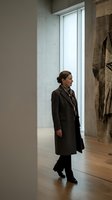 Woman in dark brown coat standing in modern gallery space with concrete walls and natural light from floor-to-ceiling window, suitable for contemporary art, architecture, and lifestyle editorial use.