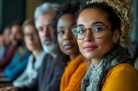 Diverse group of people sitting in row at conference or meeting, focus on young woman with glasses and curly hair wearing yellow sweater, natural lighting.