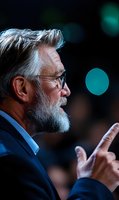 Side profile of mature Caucasian businessman with gray beard and glasses gesturing while speaking, against dark background with teal bokeh lights. Professional portrait.